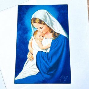 Virgin Mary Holding Baby Jesus Merry Christmas Card Vintage UNUSED Sarca Series